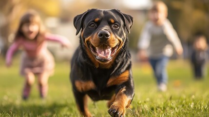 Energetic Rottweiler Playing with Children in a Sunny Backyard, Joyful Interaction, Fun and Laughter, Strong Dog with Glossy Black and Tan Coat, Kids Enjoying Playtime in a Lively Outdoor Setting