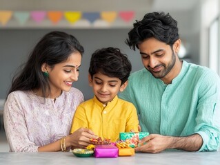 Fototapeta premium A family exchanging gifts during Diwali