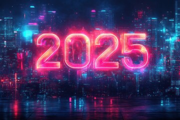 Futuristic Neon Cityscape with 2025 in Glowing Letters