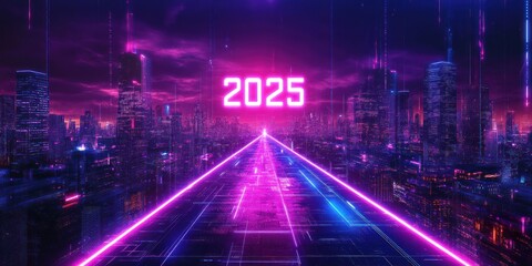Fototapeta premium Neon-lit Cityscape with 2025 Sign and Glowing Road