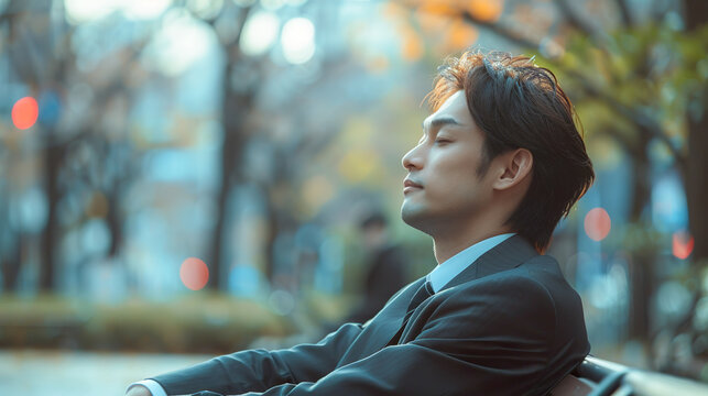 夕方の都会の公園のベンチで目を閉じて休憩をするスーツ姿の若い男性