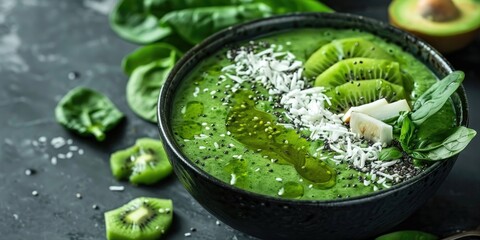Obraz premium Smoothie bowl featuring spinach, avocado, celery, kiwi, and coconut milk, garnished with coconut flakes and flaxseed. A nutritious homemade vegan option for detoxification, dieting, and weight