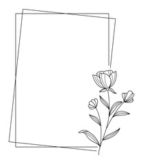 Floral and square hand drawn style. Floral black and white frame of twigs, leaves and flowers. Frames for the Valentine's day, wedding decor, logo and identity template.