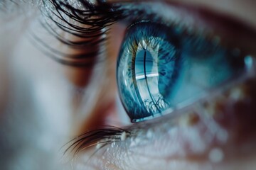 Close-up shot of a single blue eye with detailed eyelashes and iris