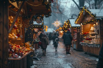 Christmas market with stalls selling ornaments and gifts