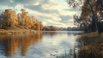Fototapeta premium A serene river landscape with autumn foliage reflecting on the water's surface.