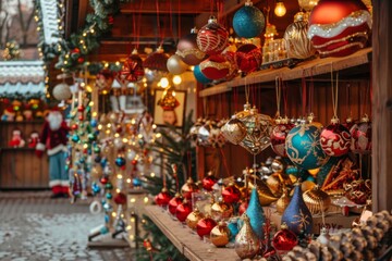 Fototapeta premium Christmas market with stalls selling ornaments and gifts