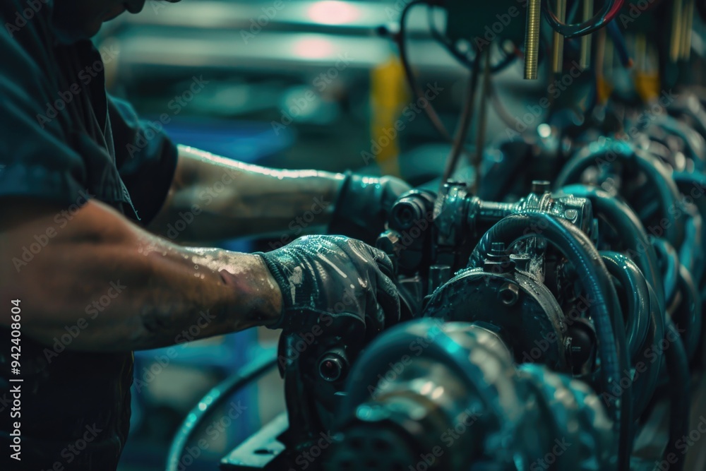 Poster man operating heavy machinery in a factory setting, with a focus on industry and manufacturing