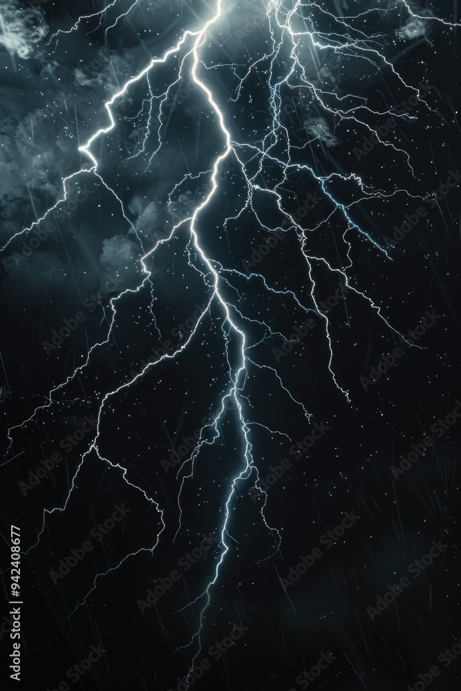 Poster a bright flash of lightning illuminates the dark sky, with thunderstorm clouds looming in the backgr