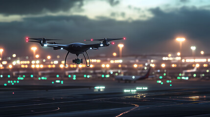 Fototapeta premium A futuristic drone with a 360-degree camera takes dynamic shots of aircraft landing and taking off at a busy international airport, with terminal lights glowing in the background.