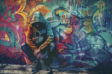 Fototapeta premium A person sitting on the ground in front of a vibrant graffiti-covered wall, great for urban or street art themed projects