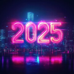 Neon 2025 Cityscape with Reflections