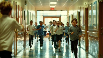 kids running in the hallway at school 