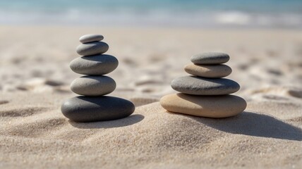 Two sets of zen stones balanced on the beach