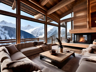 Alps Wooden Chalet Rental Property for Winter Ski Vacation generative ai