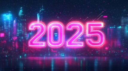 Neon 2025 Sign Over Futuristic Cityscape with Water Reflection