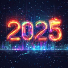 Neon 2025 Number Over Cityscape with Stars