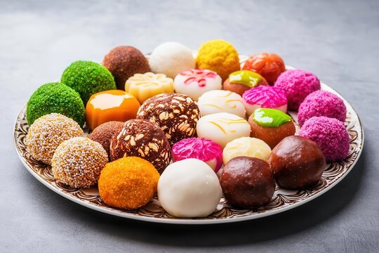 A festive photo of a Diwali sweets platter, featuring an array of mithai like laddoos, barfis, and jalebis, beautifully arranged on a decorative plate