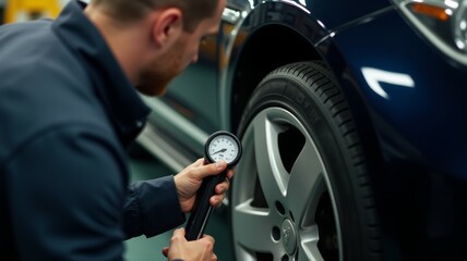 A man is checking the tire pressure of a car