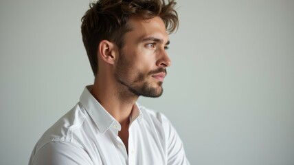 Obraz premium A man with a beard and a white shirt is looking at the camera