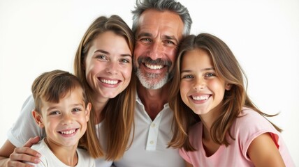 Fototapeta premium A family of four, including a man and three children, are smiling