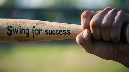 A baseball player hand gripping the bat tightly, ready to swing, text "Swing for success" written along the bat