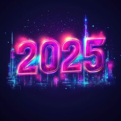 Neon 2025 Cityscape with Glowing Numbers