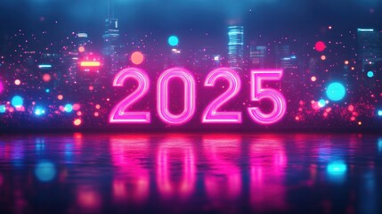 Neon 2025 Year Sign Over Futuristic City Skyline