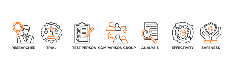 Clinical study banner web icon vector illustration concept for clinical trial research with an icon of researcher, trial, test person, comparison group, analysis, effectivity, and safeness