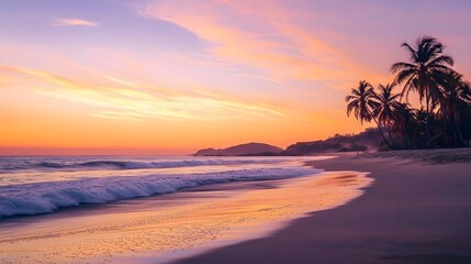 Serene Sunset on a Tropical Beach: A picturesque sunset paints the sky in vibrant hues of pink and orange, casting a warm glow over a pristine beach lined with swaying palm trees. The gentle waves lap