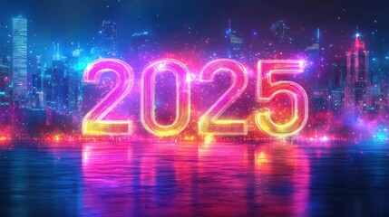 Neon 2025 Cityscape with Water Reflection