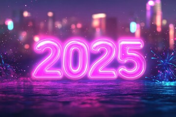Neon 2025 Sign with City Lights and Fireworks
