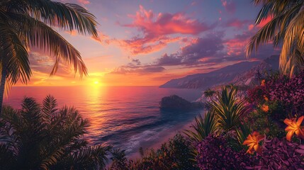 Tropical Sunset Paradise: A breathtaking sunset paints the sky with vibrant hues of pink, orange, and purple, casting a golden glow over the tranquil ocean. Palm trees sway gently in the warm breeze, 
