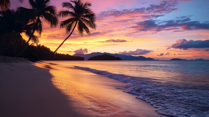 Golden Hour Paradise: Tranquil beach sunset with palm trees silhouette 