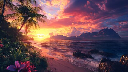 Tropical Paradise Sunset: A breathtaking sunset paints the sky with vibrant hues of pink and orange over a serene tropical island, where lush palm trees sway gently in the breeze and the ocean waves c