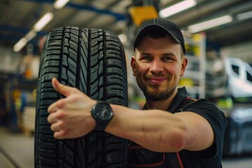 Man holding up tire in car repair shop giving thumbs up for vehicle maintenance and repair service