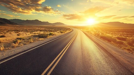 Open Road to the Horizon: A solitary highway stretches towards a vibrant sunset, painted with warm hues of orange and gold, against the backdrop of a majestic mountain range. The scene evokes a sense 