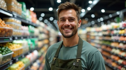 A smiling man stands in a grocery store with a green apron on