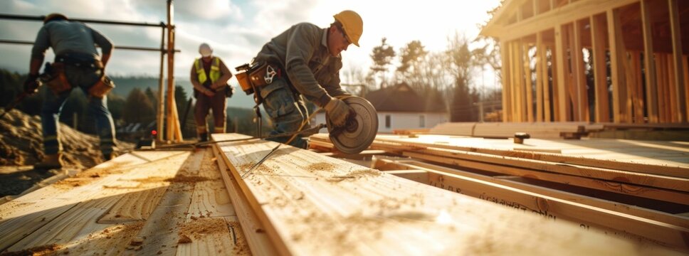 Construction workers building wooden floor in home construction project with tools and materials