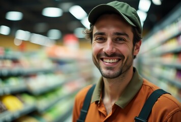 Fototapeta premium A smiling man in an orange shirt stands in front of a grocery store