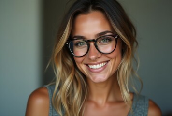 Fototapeta premium A woman with long blonde hair and glasses is smiling
