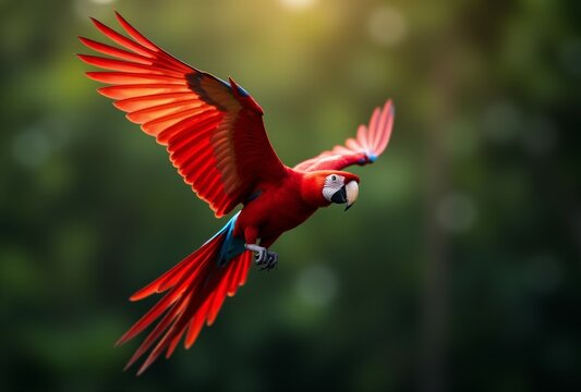 A red parrot is flying through the air