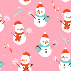 Cute seamless Y2K pink christmas snowman pattern for holiday trend designs. Vector illustration for print wrapping paper fabric card wallpaper.