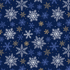 Christmas holiday seamless blue snowflakes pattern. Retro christmas winter pattern with geometric motifs. Vector illustration.