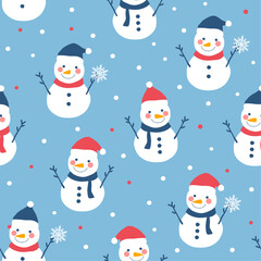 Modern hand drawn winter snowman pattern illustration. Seamless Cute Christmas Snowman Vector Pattern.Wrapping paper with funny winter characters.