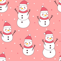 Seamless doodle pattern with cute snowmen on a pink background.Wrapping paper with funny winter characters.