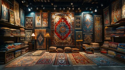 Variety of the gorgeous oriental carpets in traditional carpet store in Middle East. Pile of beautiful handmade carpets on the traditional Middle East market bazaar.