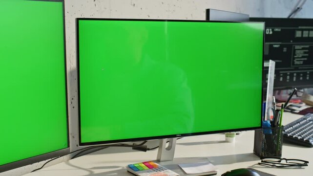 Chromakey computer standing table at light office interior zoom out. Man working