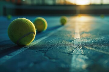 A collection of tennis balls resting on the surface of a tennis court, ready for play