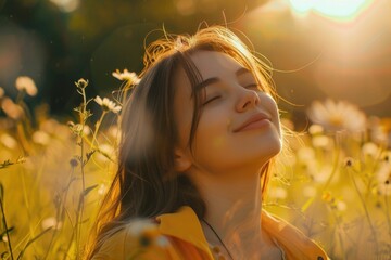 A serene scene of a woman surrounded by blooming flowers, eyes closed in contemplation